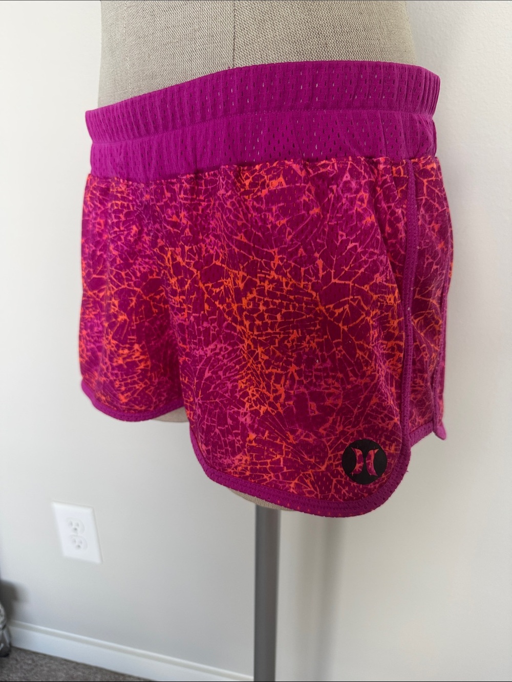 Hurley Women's Magenta Athletic Shorts with Orange Accent Print